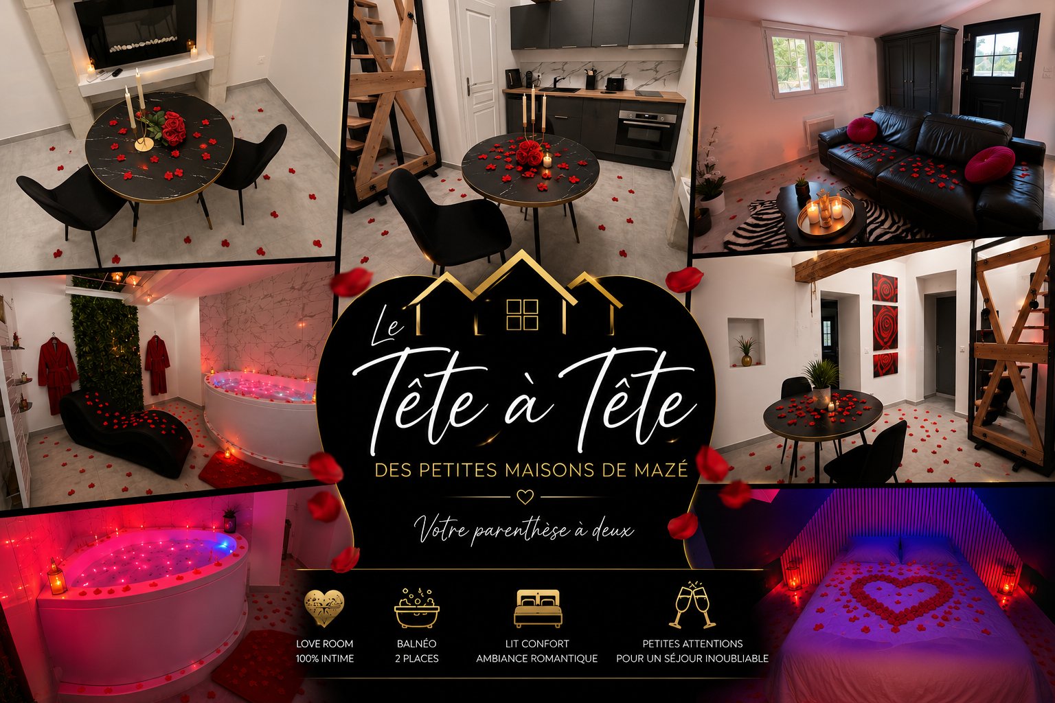 Le Tête-à-tête en formule Love Room : balnéo deux places, table dressée, chambre aux pétales de roses, petites attentions pour un séjour inoubliable